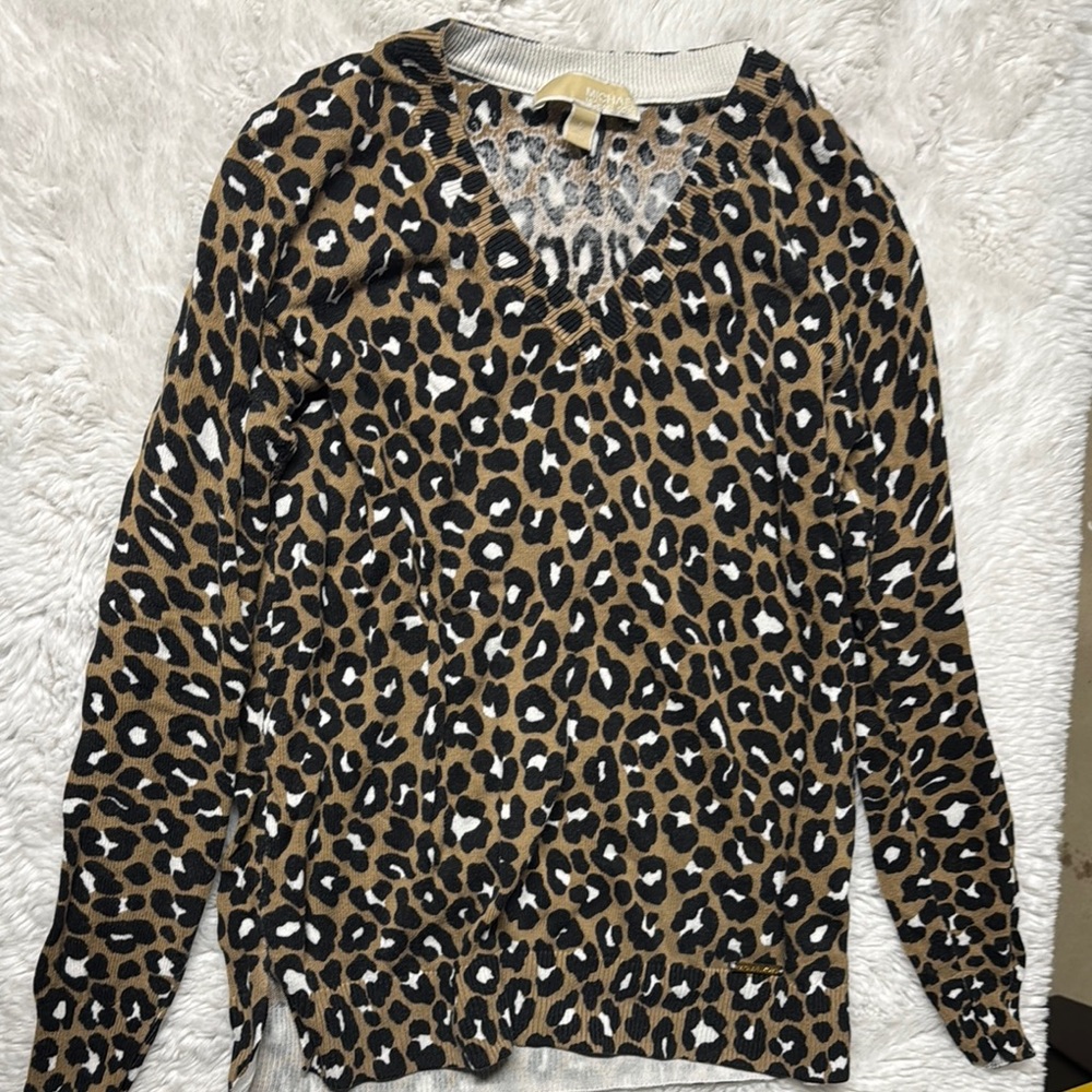 Mk Leopard Print V-Neck Sweater
